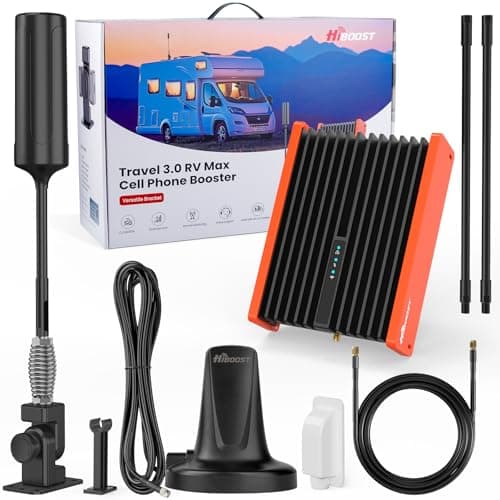 HiBoost Cell Phone Booster for RV Truck Camper Van Trailer Bus |Travel 3.0 RV Max| 2025 New Version RV Cell Booster for 4G 5G LTE| Folding Bracket |All U.S.Carriers Verizon,AT&T,T-Mobile FCC Approved