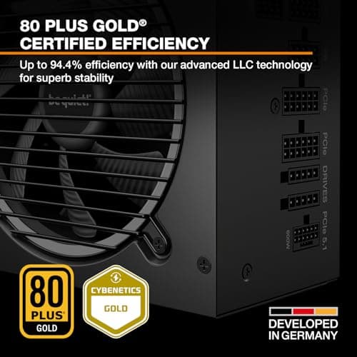 be quiet! Pure Power 13 M 850W Power Supply, 80 Plus® Gold Certification, ATX 3.1 PSU, Support for PCIe 5.1 GPUs, semi-Passive 120mm be quiet! Fan, LLC Technology, Single Rail, for Overclocked GPUs 3