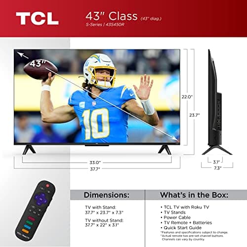 TCL 43-Inch Class S4 4K LED Smart TV with Roku TV (43S450R, 2023 Model), Dolby Vision, HDR, Dolby Atmos, Works with Alexa, Google Assistant and Apple HomeKit Compatibility, Streaming UHD Television 3