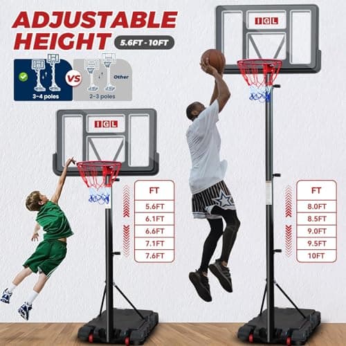 IGL Portable Basketball Hoop, 5.6-10FT Adjustable Basketball Goal System, 44 Inch Outdoor Basketball Hoop & Goals for Kids, Youth, and Adults in The Backyard, Driveway with PC Backboard (Black) 4