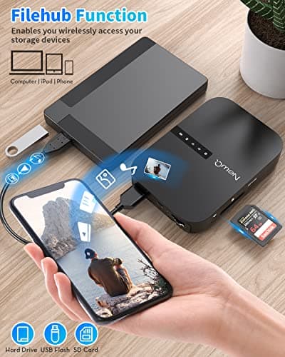 NewQ Filehub AC750 Travel Router: Portable Hard Drive SD Card Reader & Mini WiFi Range Extender for Travel | Wireless Access External Harddrive & USB Storage Device to Backup Photo & Files from iPhone 3