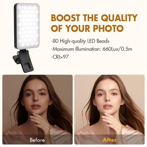 Selfie Light for iPhone,Portable Phone Clip on Light,Rechargeable LED Ring Light for Phone,Video Recording,Camera,Laptop,TikTok,Tablet,Vlog,Computer,5 Lighting Modes,80 LED High Power 3