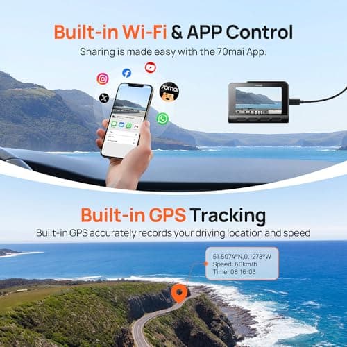 70mai 4K Dash Cam Front and Rear with STARVIS, Built in 5GHz WiFi & GPS Car Camera, Super Night Vision, ADAS, 3'' IPS Screen, 24H Parking Mode, Time-Lapse, Loop Recording, Support 256GB Max (A800S) 5