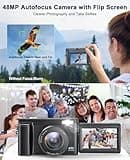 4K Digital Camera for Photography and Video, Autofocus Anti-Shake 48MP Vlogging Camera for YouTube, 3'' 180°Flip Screen Camera with Flash 16X Zoom, Digital Camera with 32GB Card Battery Charger Black 3