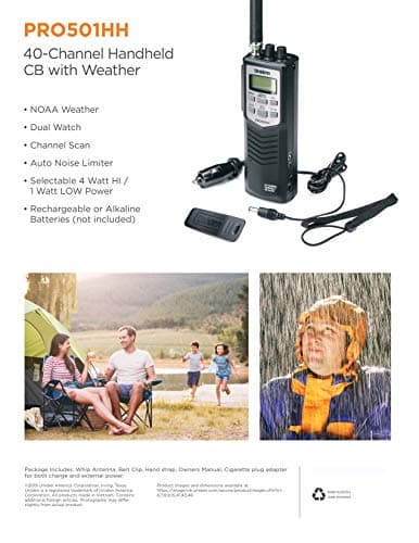 Uniden PRO501HH Pro-Series 40-Channel Portable Handheld CB Radio/Emergency/Travel Radio, Large LCD Display, High/Low Power Saver, 4-Watts, Auto Noise Limiter, NOAA Weather, and Earphone Jack 4