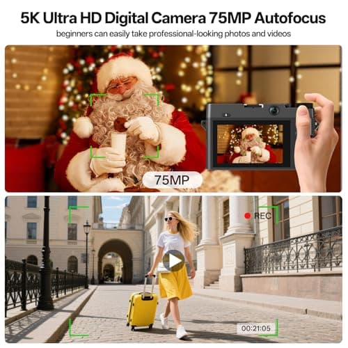 5K Digital Camera for Photography, 75MP Point and Shoot Digital Cameras with 64GB, Dual Lens 18X Zoom Autofocus for Beginners, WiFi Vlogging Camera for YouTube, 2 Batteries & 1 Charger 2