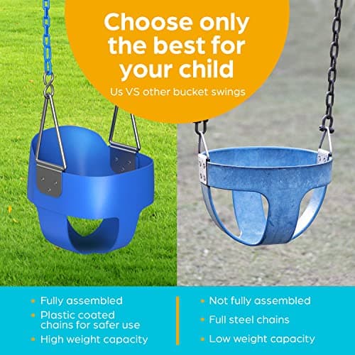 Jungle Gym Kingdom Toddler Swing - Heavy Duty, High Back, Full Bucket Baby Swing Seat with Coated Chains for Outdoor Use - Fully Assembled - Blue 5