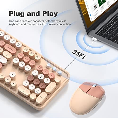 MOFII Wireless Keyboard and Mouse Combo, Milk Tea Colorful Round Key Typewriter Keyboards, 2.4G Full Size Keyboard and Cute Wireless Mice, USB Receiver Plug and Play, for Laptop, PC, Windows 2