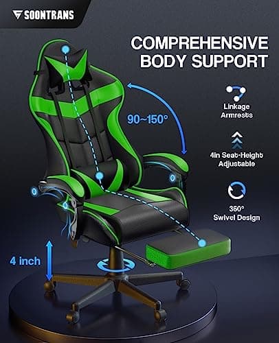 Soontrans Green Gaming Chair with Footrest,Racing Gaming Chair,Computer Gamer Chair,Ergonomic Game Chair with Adjustable Headrest and Lumbar Support(Jungle Green) 5