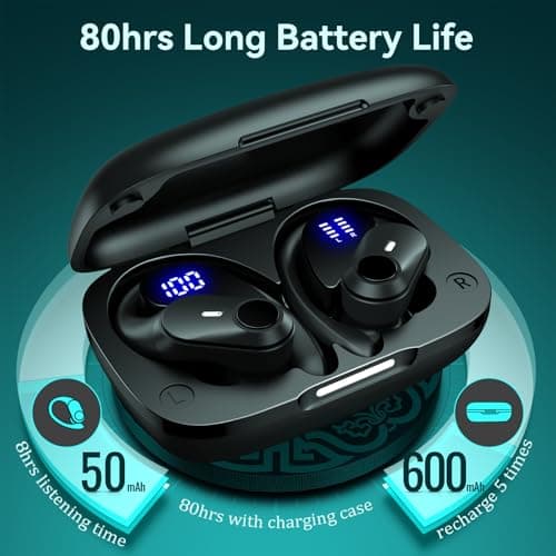 GOLREX Noise Cancelling Ear Buds Wireless Earbuds Bluetooth Headphones with 80H Playtime, Dual LED Display, Wireless Charging Case, Over-Ear Hooks Earphones for Sports Running Gym Workout Black 3