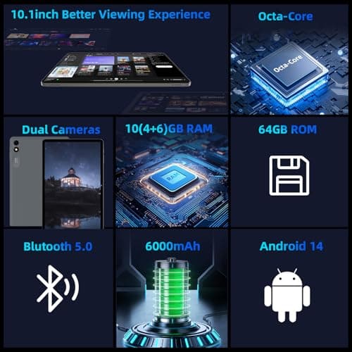 Android 14 Tablet,10 inch Tablets, Octa Core CPU, 10GB+64GB+512GB Expansion, 1280x800 Display Screen, Wi-Fi6, Dual Camera, 6000mAh Battery Tablet PC,Widevine L1 Google Kids Space (Gray Case) 2