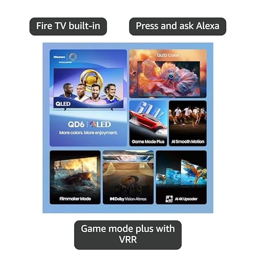 Hisense 43" Class QD6 Series (43QD6QF, 2025 Model) QLED 4K UHD Smart Fire TV, Voice Remote with Alexa, Dolby Vision, Dolby Atmos, Motion Rate 120, HDR 10+, Game Mode Plus, MEMC, VRR, ALLM 2