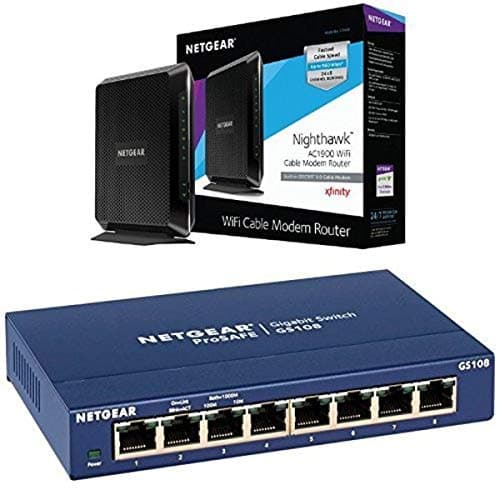 NETGEAR Nighthawk AC1900 (24x8) Wi-Fi Cable Modem Router (C7000) DOCSIS 3.0 Certified for Xfinity Comcast, Time Warner Cable, Cox, & more Bundle with NETGEAR ProSAFE GS108 8-Port Gigabit Desktop Switch (GS108-400NAS)