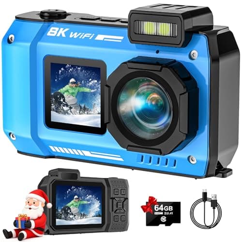 SPUNALP UHD 8K Underwater Camera, 70MP 33FT WiFi Waterproof Digital Camera with 64GB Card, Auto Focus Waterproof Dual-Screen Selfie 2500mAh Battery, 18X Floatable Digital for Snorkeling, Blue