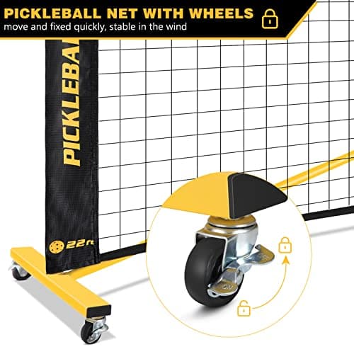 Fostoy Portable Pickleball Net with Wheels, Regulation Size 22 FT & Half Court 11 FT, Steady Metal Frame for Backyards, Driveways, and Garages (Black&Yellow) 2