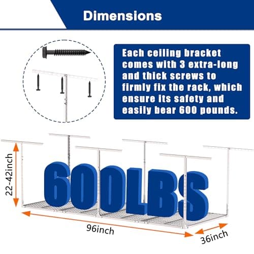 GIOTORENT 3x8FT Heavy Duty Overhead Garage Storage Rack - Adjustable Ceiling Shelving with 600lbs Weight Capacity, Metal Garage Organization System, White 2
