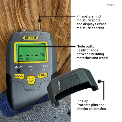 General Tools MMD4E Digital Moisture Meter, Water Leak Detector, Moisture Tester, Pin Type, Backlit LCD Display With Audible and Visual High-Medium-Low Moisture Content Alerts, Grays 5