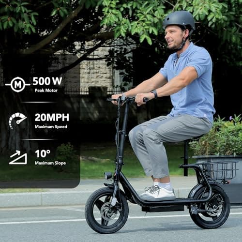 Caroma Peak 500W Electric Scooter with Seat, 20Mph Top Speed &15Miles Max Range, 14" Foldable E Scooter for Commuting with Basket (Black) 4
