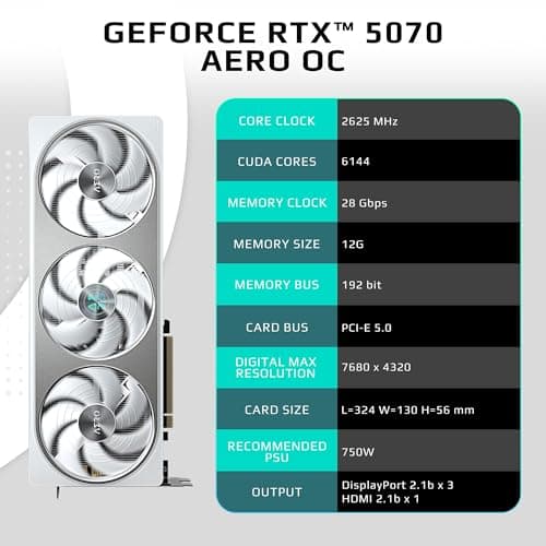 GIGABYTE GeForce RTX 5070 AERO OC 12G Graphics Card, 12GB 192-bit GDDR7, PCIe 5.0, WINDFORCE Cooling System, GV-N5070AERO OC-12GD Video Card 3