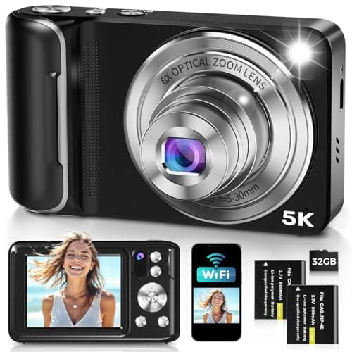 5K Digital Camera for Photography, WiFi 64MP Autofocus Dual Lens Vlogging Camera with Touch Screen, 6X Optical Zoom Compact Point and Shoot Cameras for YouTube, 32GB Card,2 Batteries,Black