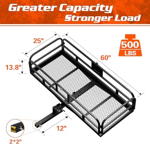 Wildroad Hitch Cargo Carrier with Bike Rack 60" x 24" x 14" Folding Trailer Hitch Cargo Carrier 500 LBS Capacity for Standard, Fat Tire and Electric Bike Fits 2" Receiver 60" Basket+Bike Rack 2