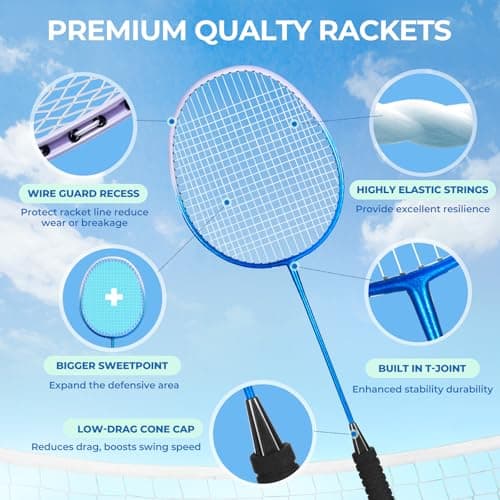 HIRALIY Badminton Rackets Set for Backyards, Lightweight Badminton Set of 4, Includ 4 Rackets, 12 Nylon Birdies, Replacement Grip Tapes, 1 Carrying Bag, Outdoor Games for Adults Family Kids Beginners 2