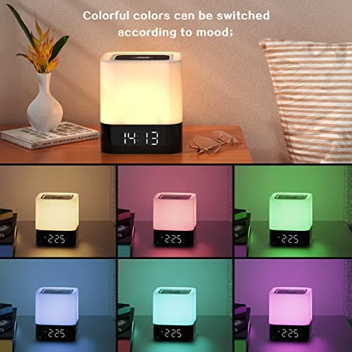 Aisuo Night Light-5 in 1 Bedside Lamp with Bluetooth Speaker, 12/24H Digital Calendar Alarm Clock, Touch Control, Support TF and SD Card, Music Player, Gift for Girls Boys Teens,Warm White 2