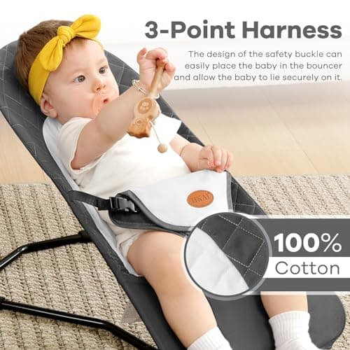HKAI Baby Bouncer, Portable Baby Bouncer Seat for Babies 0-18 Months, 100% Cotton Fabrics, 3 Modes of use with Rocker and Stationary Options, Infant Rocker Chair with Hanging Toys-Dark Grey 5