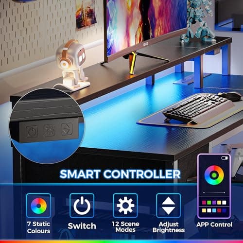 SUPERJARE 47 inch L Shaped Gaming Desk with LED Lights & Power Outlets, Reversible Computer Desk with Shelves & Monitor Stand, Corner Desk with Drawer, for Home & Office, Black, 7998BC 4