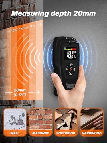 Moisture Meter Damp Meter Pinless Wood Moisture Meter for Walls Logs Firewood and Building Material, 4 Mode 9 Density Settings, Non-Destructive Moisture Detector with Backlit LCD and Alerts (Black) 2