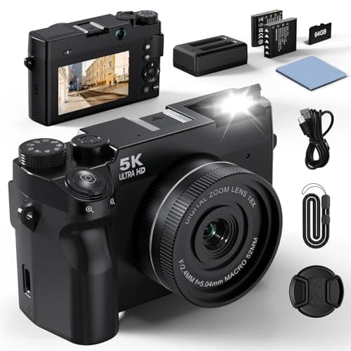 5K Digital Camera for Photography, 75MP Point and Shoot Digital Cameras with 64GB, Dual Lens 18X Zoom Autofocus for Beginners, WiFi Vlogging Camera for YouTube, 2 Batteries & 1 Charger