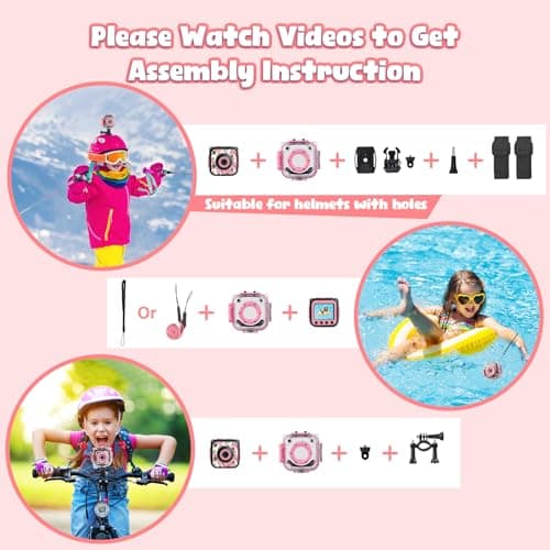 PROGRACE Kids Waterproof Camera - Birthday for 3-12 Year Old Girls 1080P HD Underwater Video Camera for Kids Pool Toys Toddler Digital Cameras with 32GB SD Card Pink 4