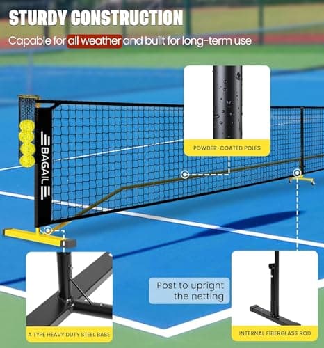 BAGAIL Portable Pickleball Net Set, 22 FT Regulation Size Pickle Ball Net with Ball Collector, Carry Bag, Easy Setup for Outdoor Indoor Driveway - Yellow 3