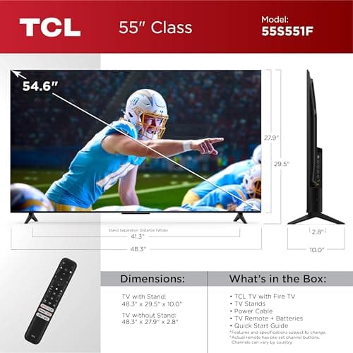 TCL 55-Inch Class S5 UHD 4K LED Smart TV with Fire TV (55S551F, 2024 Model), Dolby Vision, HDR PRO+, Dolby Atmos, Alexa Built-in with Voice Remote, Apple AirPlay 2 Compatibility, Streaming Television 4