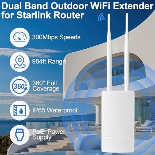Outdoor WiFi Extender Long Range for Starlink Gen 3 Router, Dual Band Wireless Access Point, 300Mbps Signal Booster/Reapter for Starlink WiFi to Outbuildings, IP65 Waterproof for Farm, Yard, Barn 2
