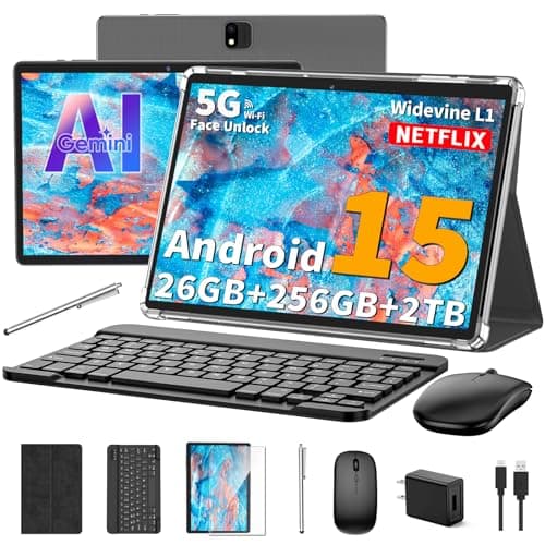 2025 Android 15 tablet with keyboard, 26GB+256GB+2TB Expand, 10 inch 2-in-1 Tablets with 8-Core, 5G WiFi, 8000mAh, BT5.0, 5MP+13MP, GMS, GPS, Widevine L1, Tablet PC with Mouse, Case, Stylus (Black)