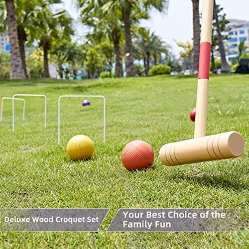 ApudArmis 32In Six Player Croquet Set with Deluxe Premiun Pine Wooden Mallets,Colored Ball,Wickets,Stakes - Lawn Backyard Game Set for Adults/Teens/Family (Large Carry Bag Including) 5