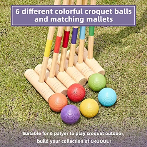 ApudArmis 32In Six Player Croquet Set with Deluxe Premiun Pine Wooden Mallets,Colored Ball,Wickets,Stakes - Lawn Backyard Game Set for Adults/Teens/Family (Large Carry Bag Including) 4