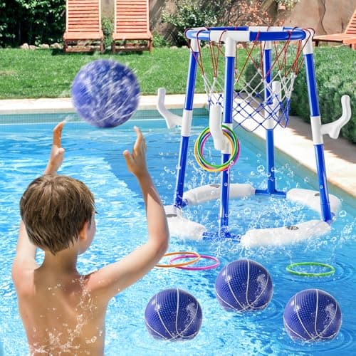 2-in-1 Pool Basketball Hoop & Ring Games with 4 Balls 12 Rings and Pump, Summer Water Outdoor Party Swimming Pool Toys Games for Kids Ages 4-8 8-12 Adult, Family Party Easter Birthday Games Toys 2