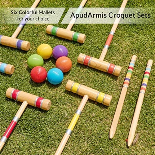 ApudArmis Six Player Croquet Set with Premiun Rubber Wooden Mallets 28In,Colored Ball,Wickets,Stakes - Lawn Backyard Outdoor Game Set for Adults/Teenagers/Family (Large Carry Bag Including) 5