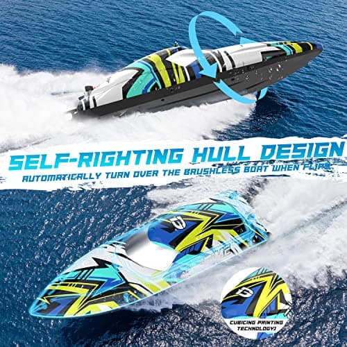 DEERC Brushless Remote Control Boat, 30+ mph Self-Righting RC Boat Racing for Pool & Lake, Full Proportional 2.4Ghz Fast Summer Water Toy with LED Light for Adults & Kids 3