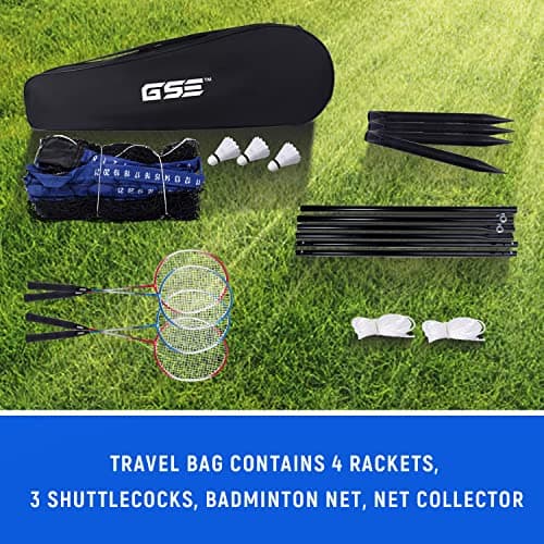 GSE Recreational Badminton Complete Set, Sports Outdoor Net Game Set Including 20'*2' Portable Badminton Net +4 Badminton Rackets+ 3 Shuttlecocks for 2-on-2 Games 5