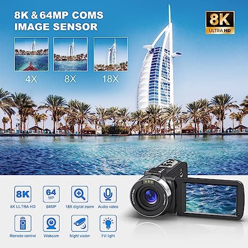 8K 64MP Video Camera 18X Digital Camcorder Video Camera for YouTube 3.0 inch Flip Screen Camcorder Vlogging Camera with 32GB SD Card, 2.4G Remote Control, Two Batteries 2