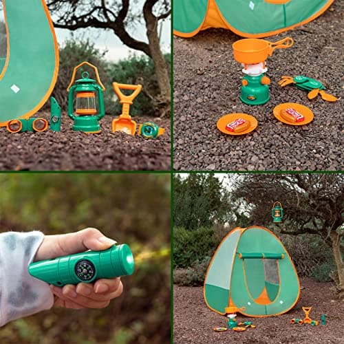 FUN LITTLE TOYS Pop Up Play Tent with Camping Gear and Tools Set, Outdoor Toys for Kids 5