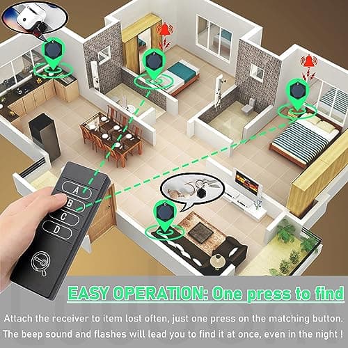 Luubom Key Finder 80DB+ Tracking Devices, Item Locator Tags with 164ft, Wireless Locator for Finding Wallet Phone Glasses Pet, 1 RF Transmitter & 4 Receivers 2
