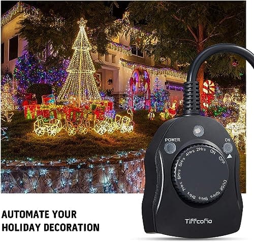 TiFFCOFiO Outdoor Christmas Light Timer, Dusk to Dawn Sensor Countdown, Outdoor Timers for Electrical Outlets Waterproof, 2 Grounded Outlets for Christmas Lights, 15A 1/2HP, CSA Listed (2 Pack) 4