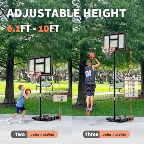 DUMOS 6.1-10FT Adjustable Height Portable Basketball Hoop Outdoor for Adult, 44 Inch Shatterproof Backboard w/Shock Absorbent Rim, Fillable Base, 2 Wheels for Swimming Pool/Indoor, Classic Black 2