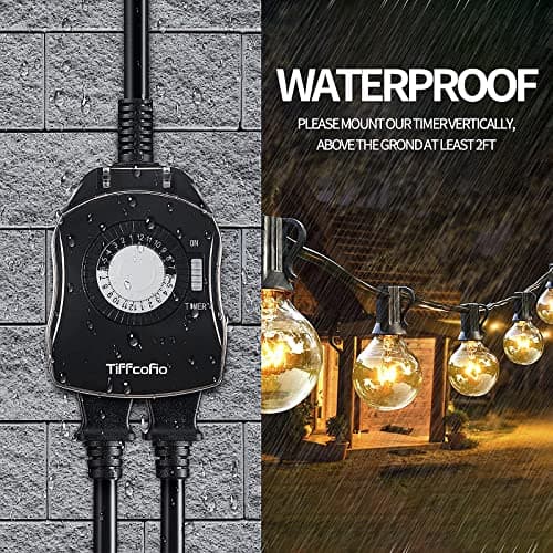 TiFFCOFiO Outdoor Timer Outlet, 24 Hour Mechanical Outdoor Timer for Pool Pump, Outdoor Light Timer Waterproof, 2 Grounded Outlets for Home and Garden, 15A 1/2HP, Heavy Duty, CSA Listed (1 Pack) 4