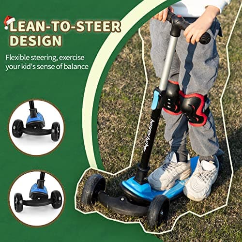 besrey Kick Scooter for Kids Ages 3-10, 3-Wheel Folding Scooter with Adjustable Height, LED Light Wheels, Extra Wide Deck for Outdoor Activities 4
