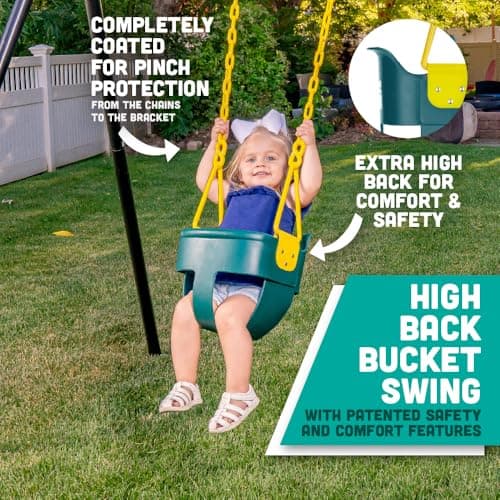 Premium High Back Full Bucket Toddler Swing Seat with Finger Grip, Plastic Coated Chains and Carabiners for Easy Install - Green - Squirrel Products 4